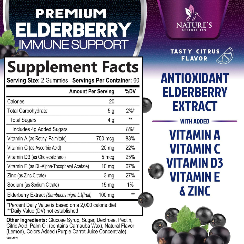 Close-up of gummies bottle label highlighting elderberry extract