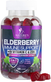 Front hero image of Immune Support Gummies bottle showing elderberry-zinc-vitamin C formula