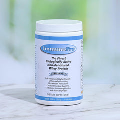 Finished ImmunoPro grass-fed whey protein powder on white background