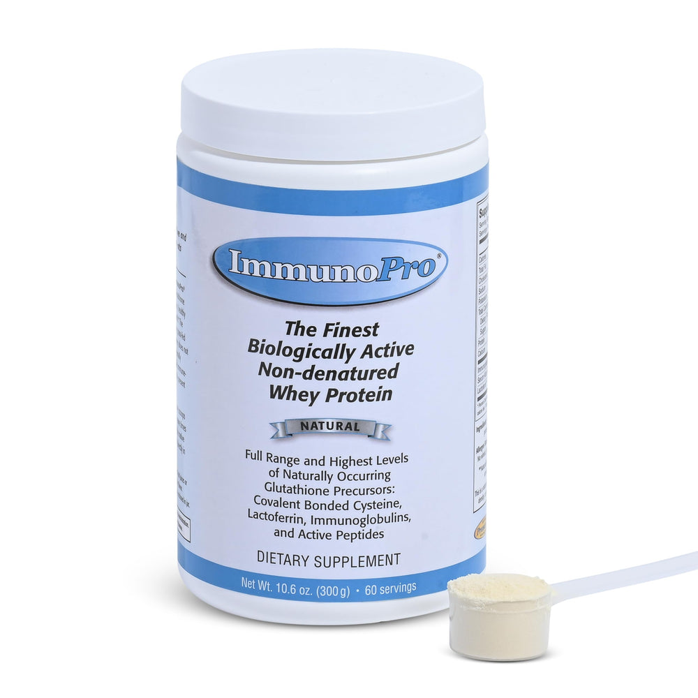 Front view of ImmunoPro grass-fed whey protein powder 300g