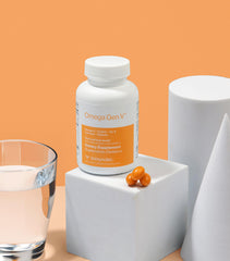 Immunotec Omega Gen V daily-use visuals suggest a 120-soft-gels routine for heart, brain, eye, and immunity.