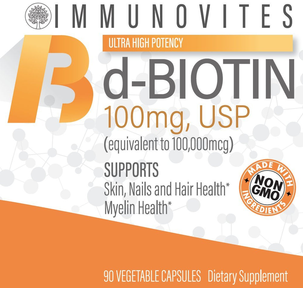 Label showing USP D-Biotin 100mg