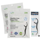 Close-up of individually wrapped dental floss pick with mint-infused double-line floss