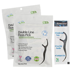 Close-up of individually wrapped dental floss pick with mint-infused double-line floss