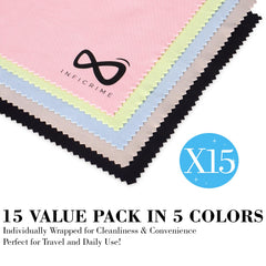 Color-coded INFICRIME 15-pack microfiber cloths for organized cleaning