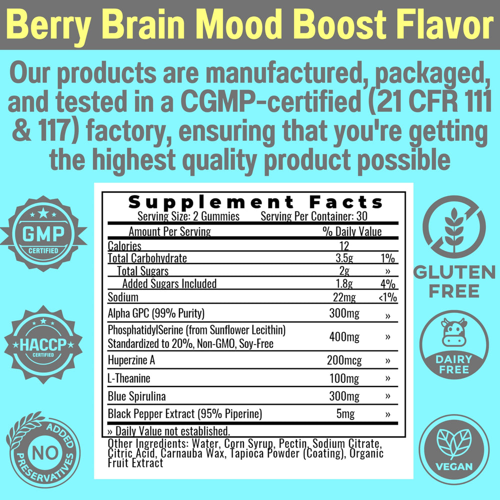 Ingredient highlights: Phosphatidylserine, Alpha GPC, Huperzine A, L-Theanine, Blue Spirulina, Black Pepper