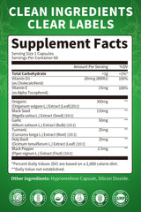 Ingredients: oregano oil, black seed oil, garlic, turmeric, holy basil, black pepper and vitamins D3 and E