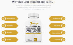 Ingredient icons for glutathione, collagen, and glutamic acid