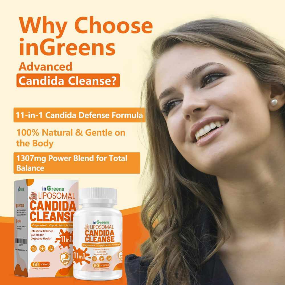 inGreens Candida supplement close-up of capsules for gentle detox and digestion.