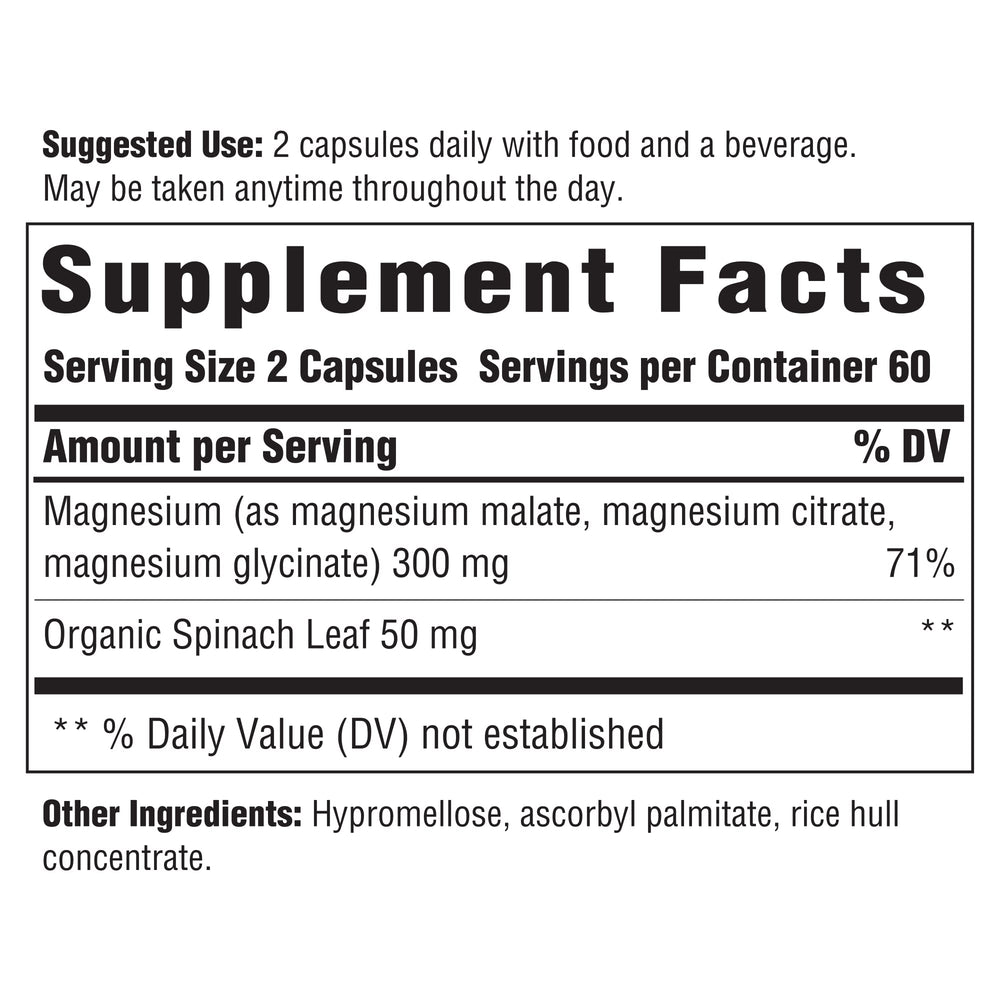 Close-up of capsules showing 300 mg magnesium per serving
