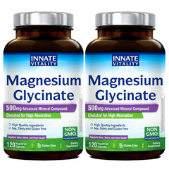 Innate Vitality Magnesium Glycinate 500mg bottle front view, vegan and non-GMO formulation.