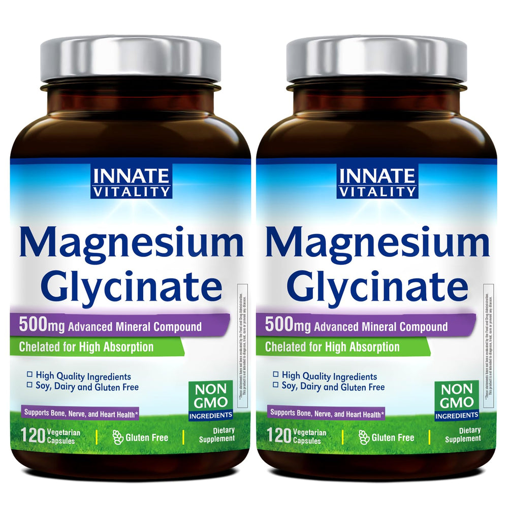 Front view of Innate Vitality Magnesium Glycinate 500mg bottle