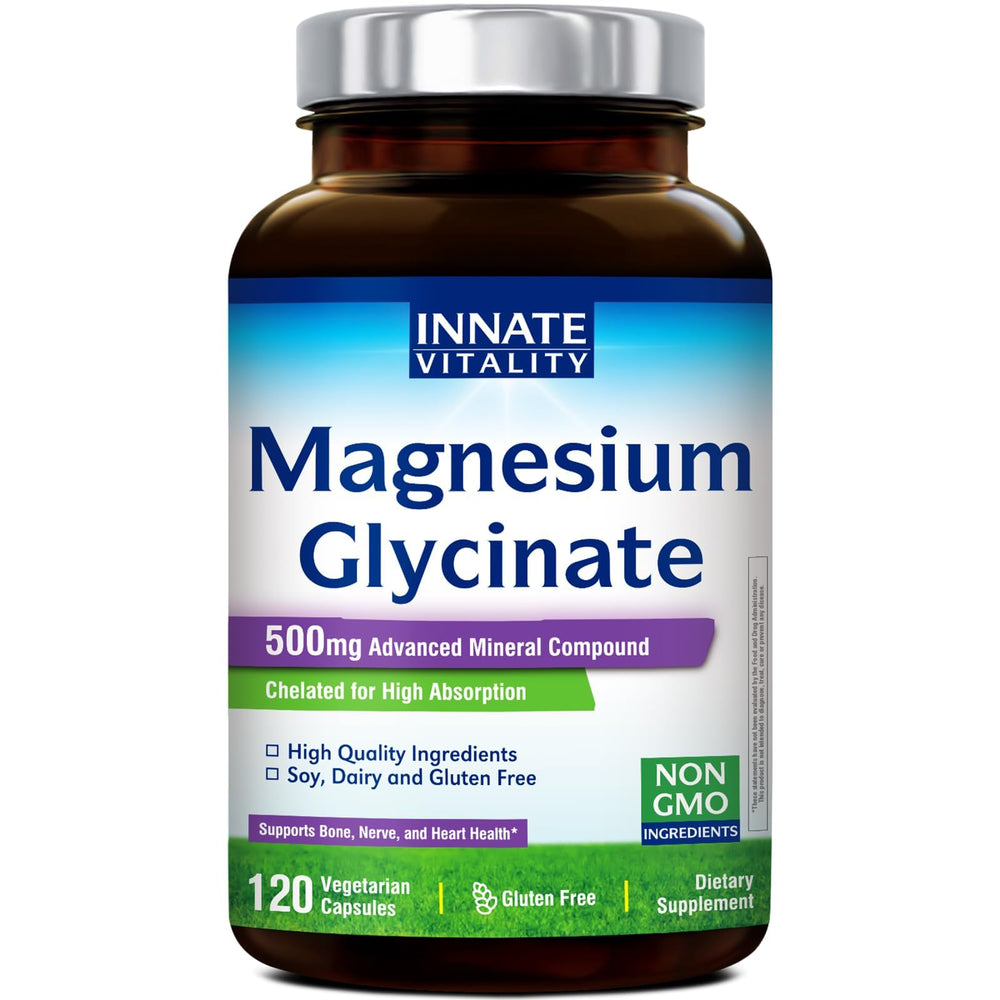 Innate Vitality Magnesium Glycinate bottle with capsules for daily magnesium support.