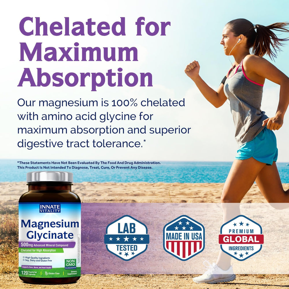 Innate Vitality Magnesium Glycinate packaging shows non-GMO and kosher/halal notes.