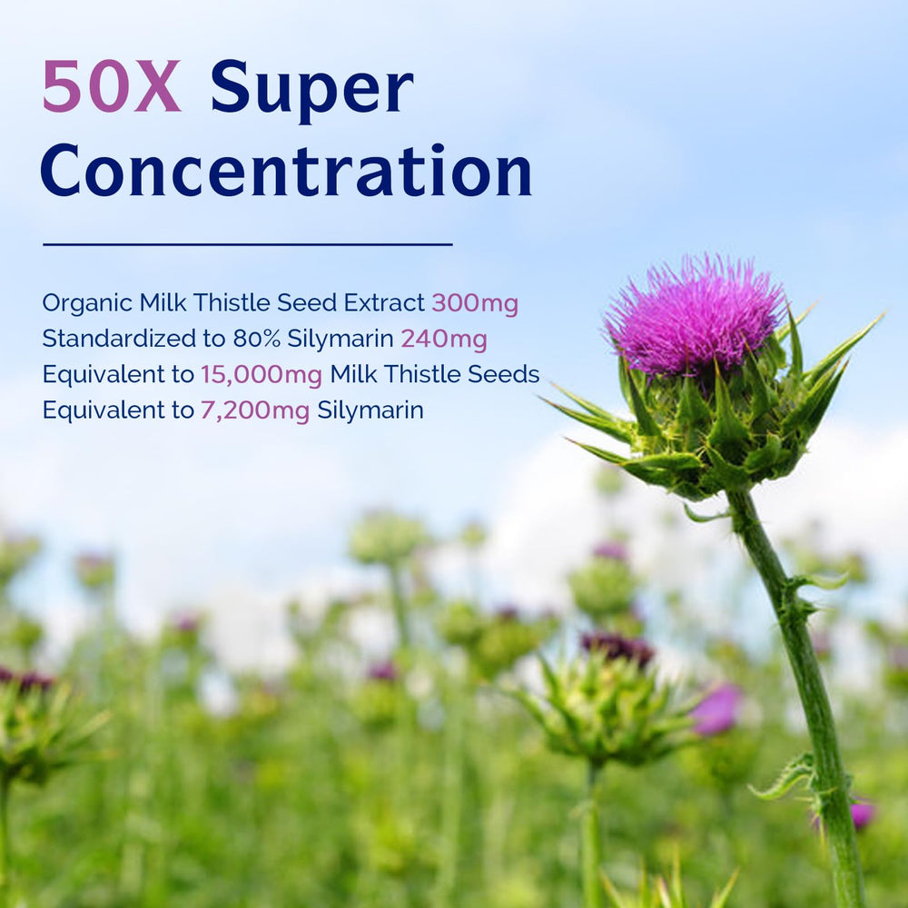 Product label highlighting 15000 mg equivalent and 80% silymarin