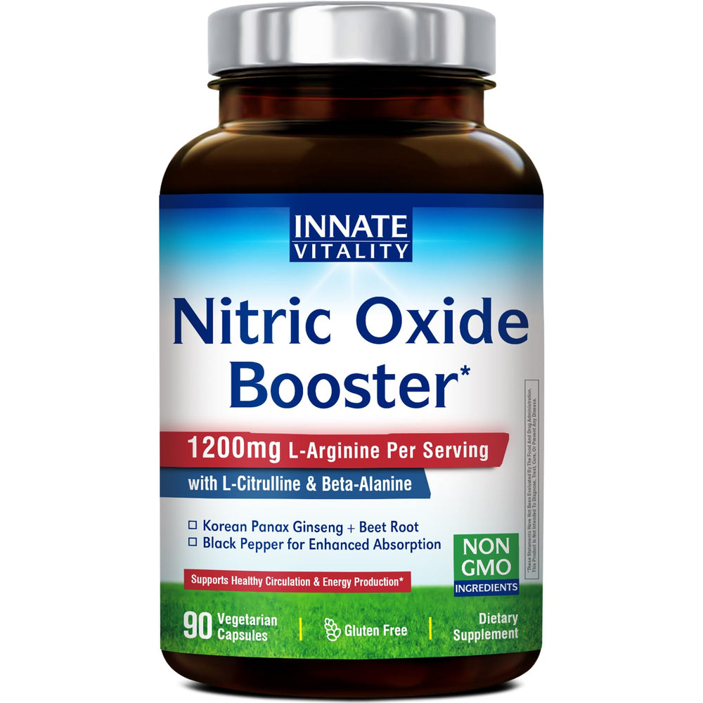 Innate Vitality nitric oxide booster bottle highlights formula for improved circulation and daily energy support.