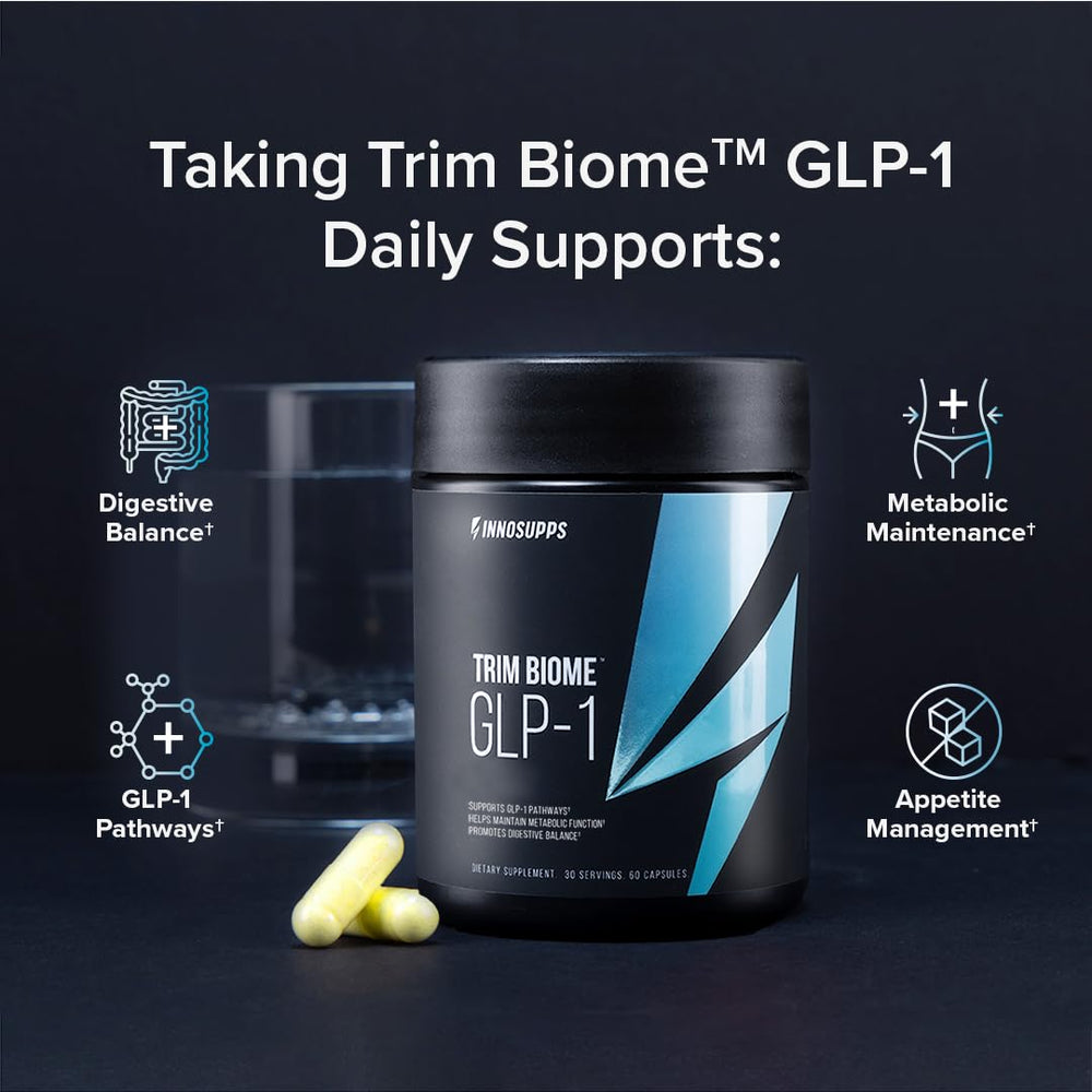 InnoSupps Trim Biome GLP-1 capsules in hand illustrating convenient dosing