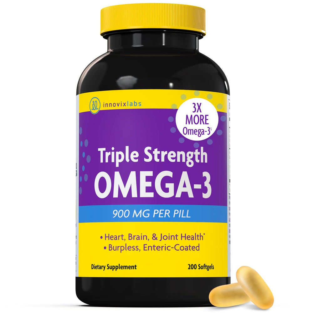 InnovixLabs Omega-3 Triple Strength bottle label showing 900 mg EPA & DHA