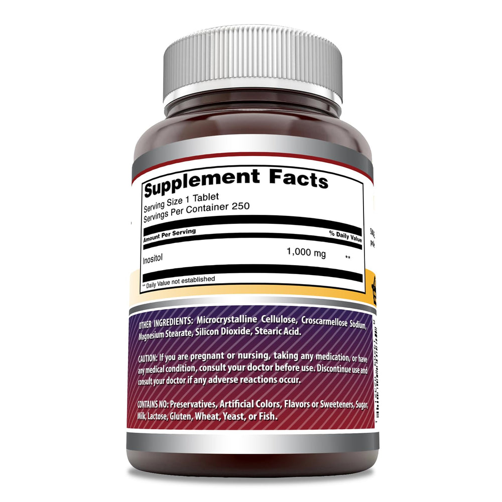 Close-up of Inositol 1000 mg per serving supplement label.