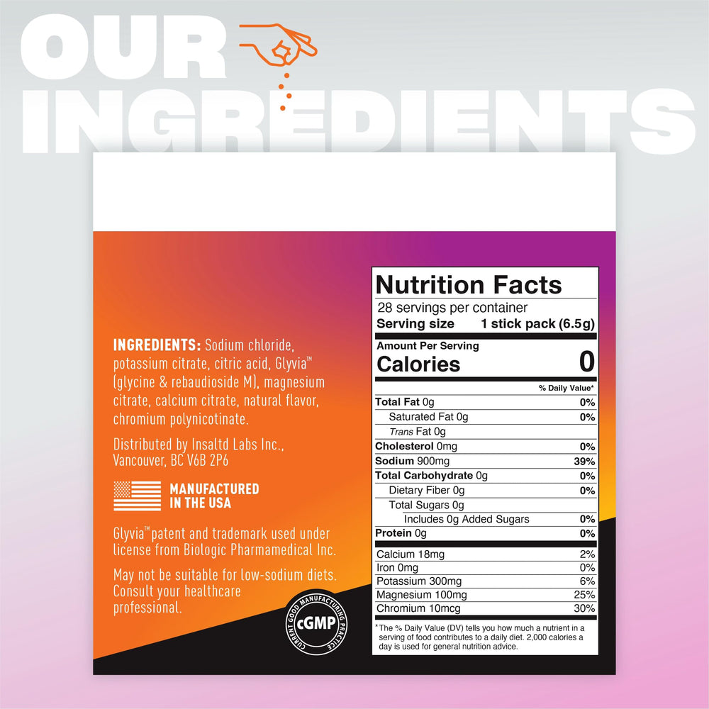 Back view of INSALTD Mango Passionfruit 28-pack box highlighting ingredients