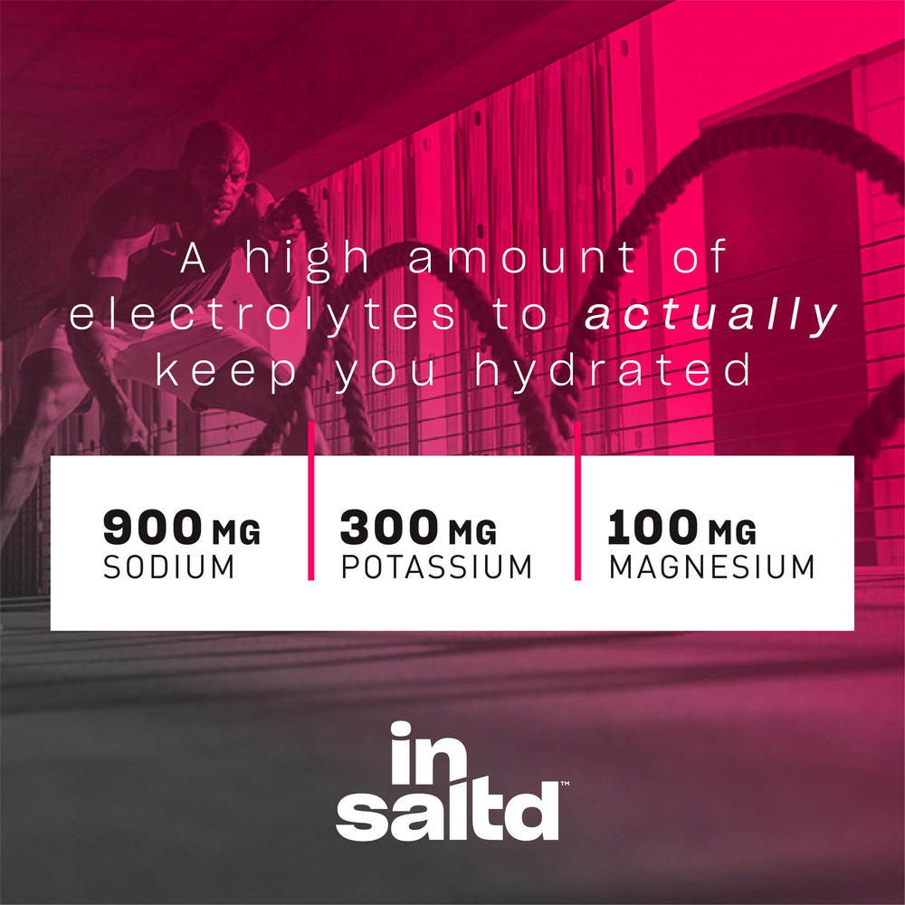 Close-up of INSALTD electrolyte packets Mango Passionfruit.