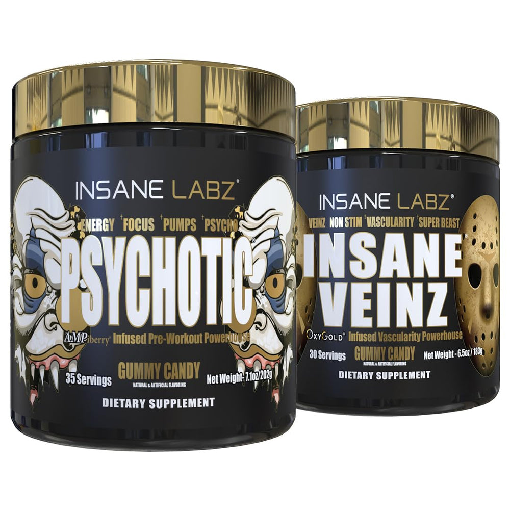 Insane Labz Psychotic Gold gummy candy bottle promoting quick energy and focus