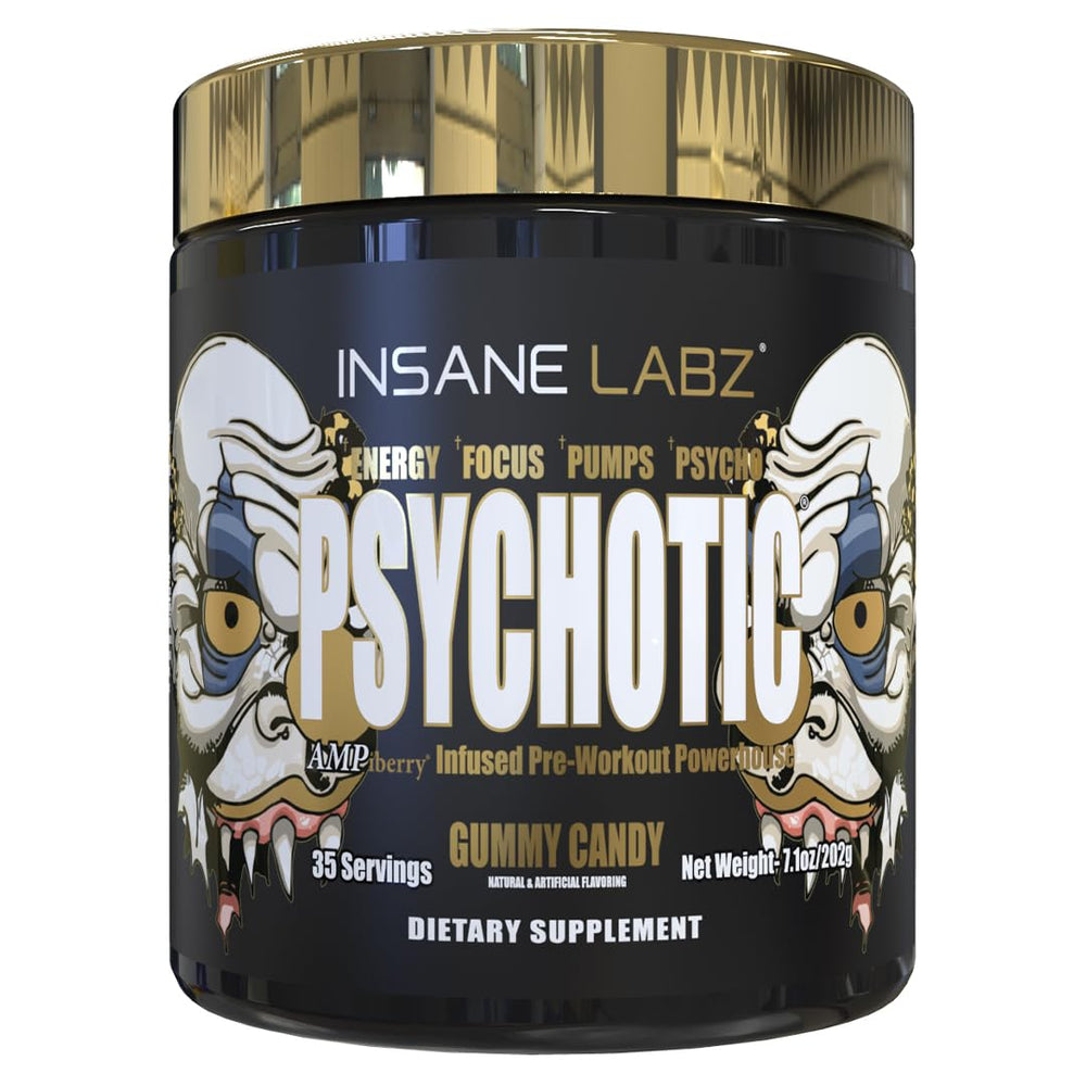 Insane Labz Psychotic Gold gummies jar closeup highlighting energizing formula