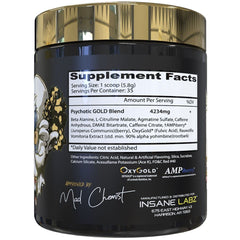 Insane Labz Psychotic Gold scoop shows powder for quick pre-workout mixing.
