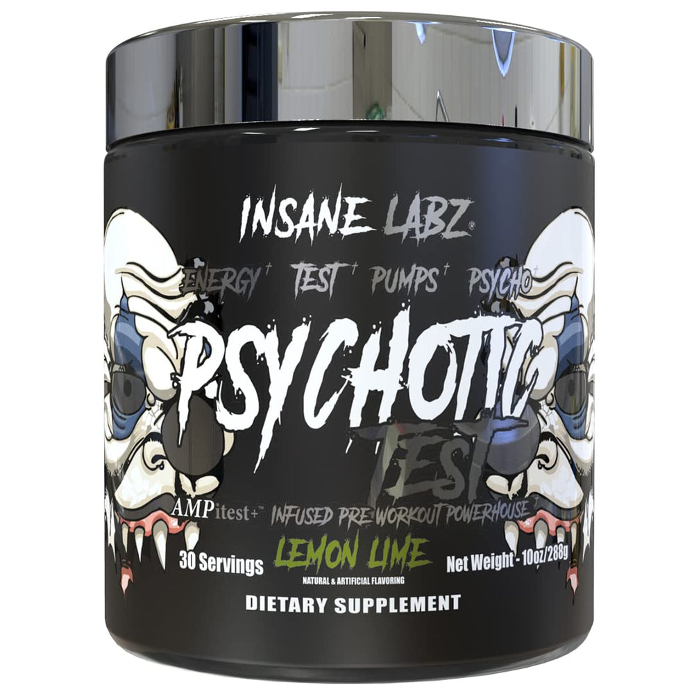 Insane Labz Psychotic Test canister front view signaling high-stim energy for intense workouts