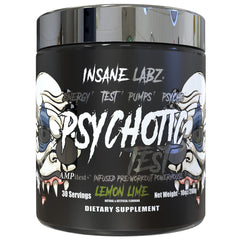 Insane Labz Psychotic Test canister front view signaling high-stim energy for intense workouts