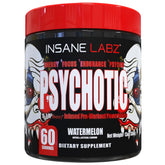 Insane Labz Psychotic watermelon tub with label highlighting high energy pre workout
