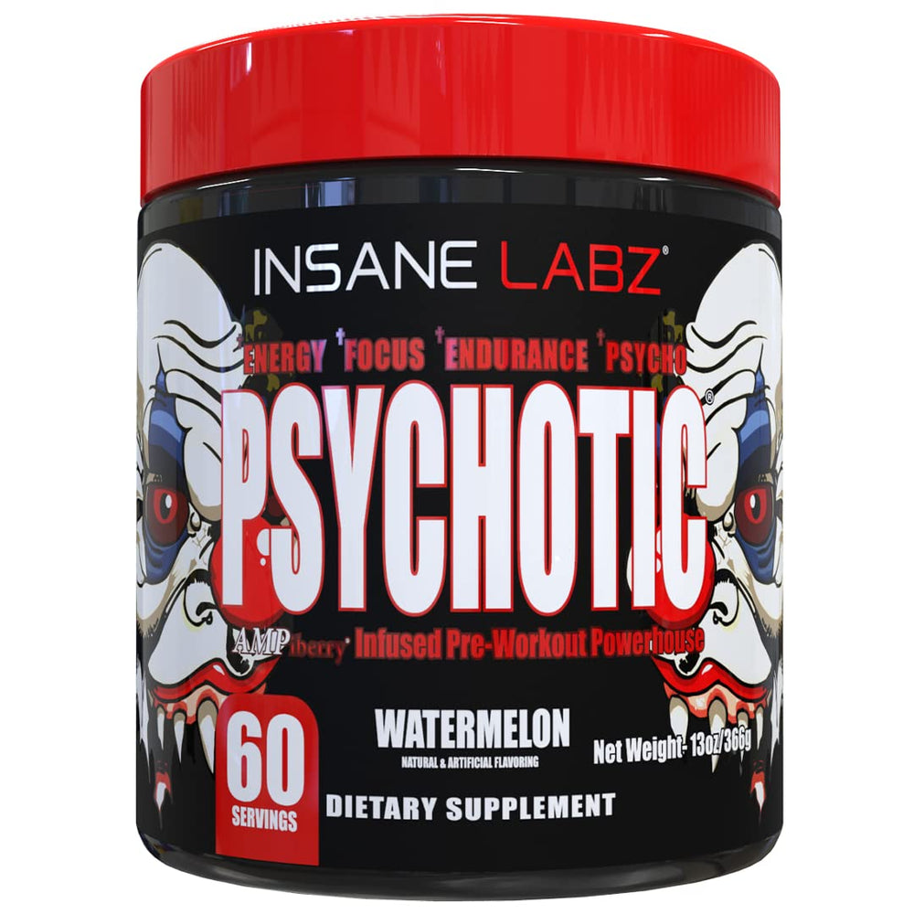 Insane Labz Psychotic watermelon tub with label highlighting high energy pre workout