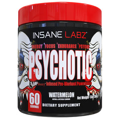 Insane Labz Psychotic watermelon tub with label highlighting high energy pre workout