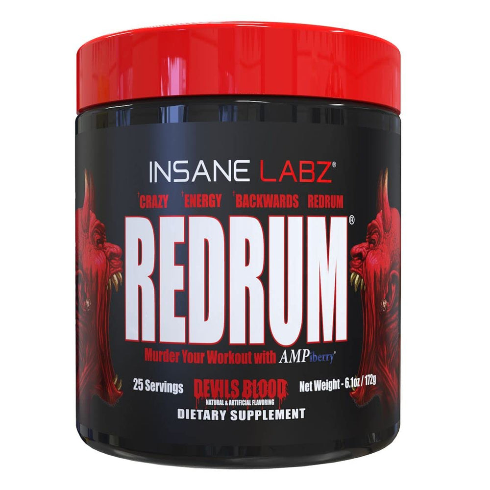 Insane Labz Redrum tub front with black cherry flavor and high-stim pre-workout label