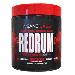Insane Labz Redrum tub front with black cherry flavor and high-stim pre-workout label