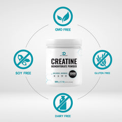 Unflavored creatine monohydrate powder being scooped into a glass