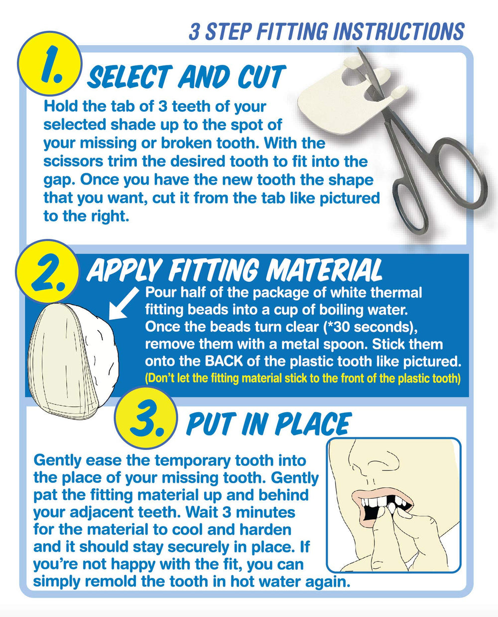 Contents of the Instant Smile kit including 30 individual teeth and fitting materials