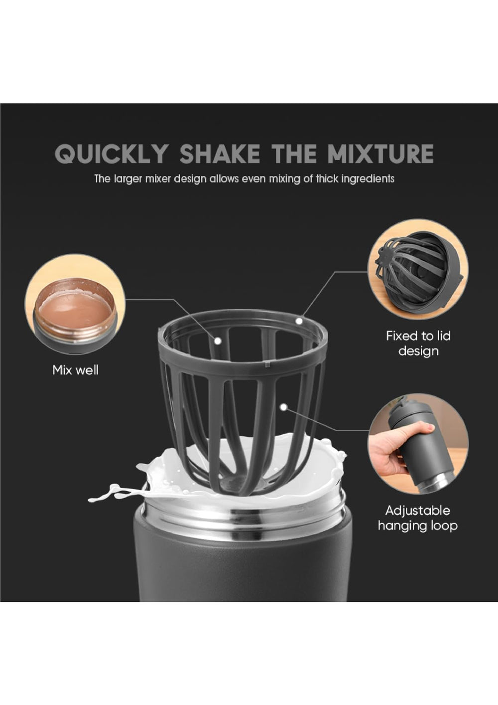 Insulated Protein Shaker Bottle detachable storage cup holds powders and snacks.