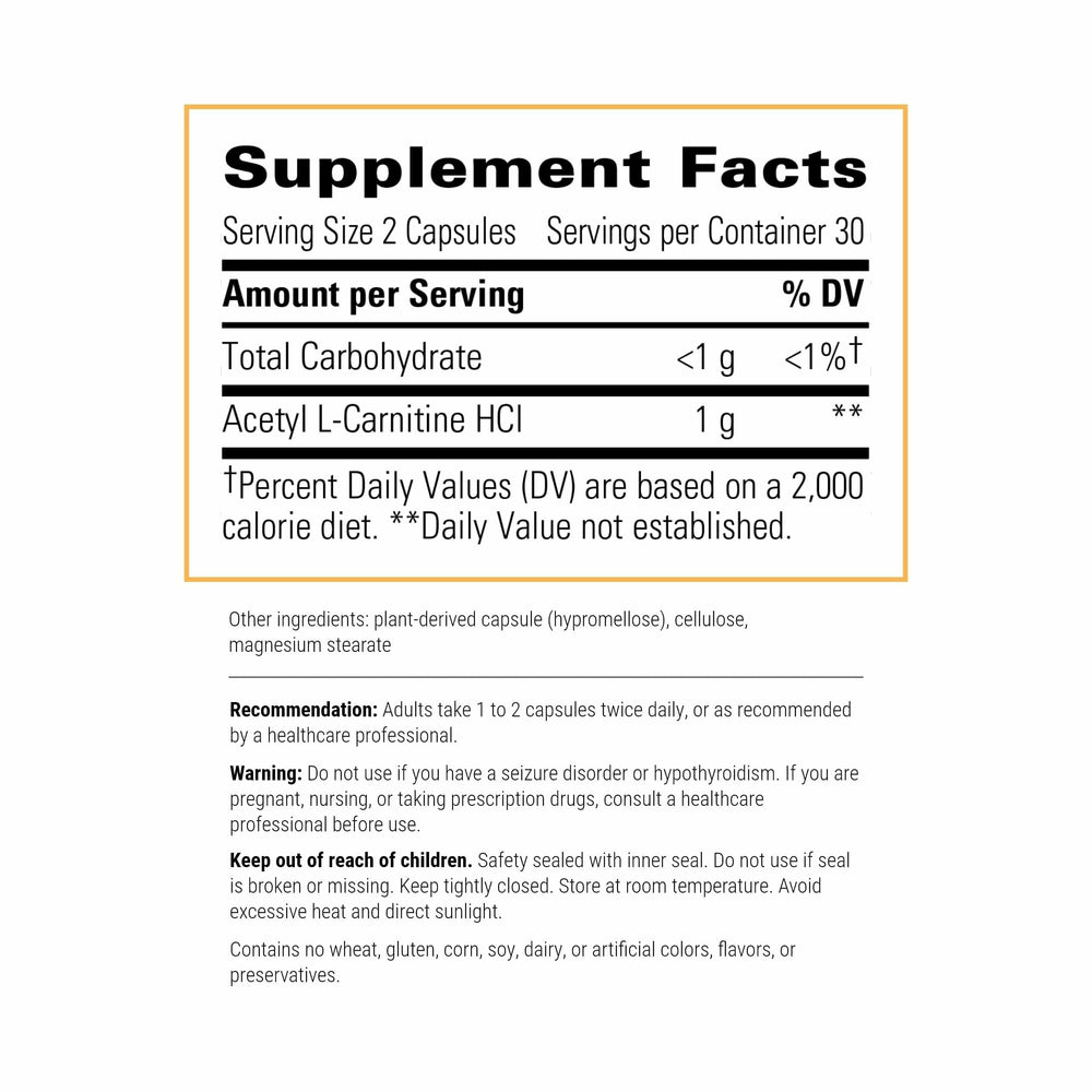Close-up of Acetyl L-Carnitine bottle showing capsules