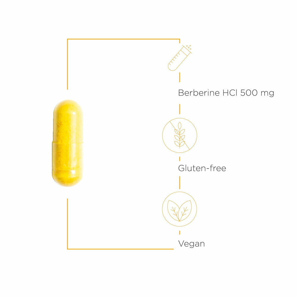 Berberine bottle label highlighting dairy-free and gluten-free