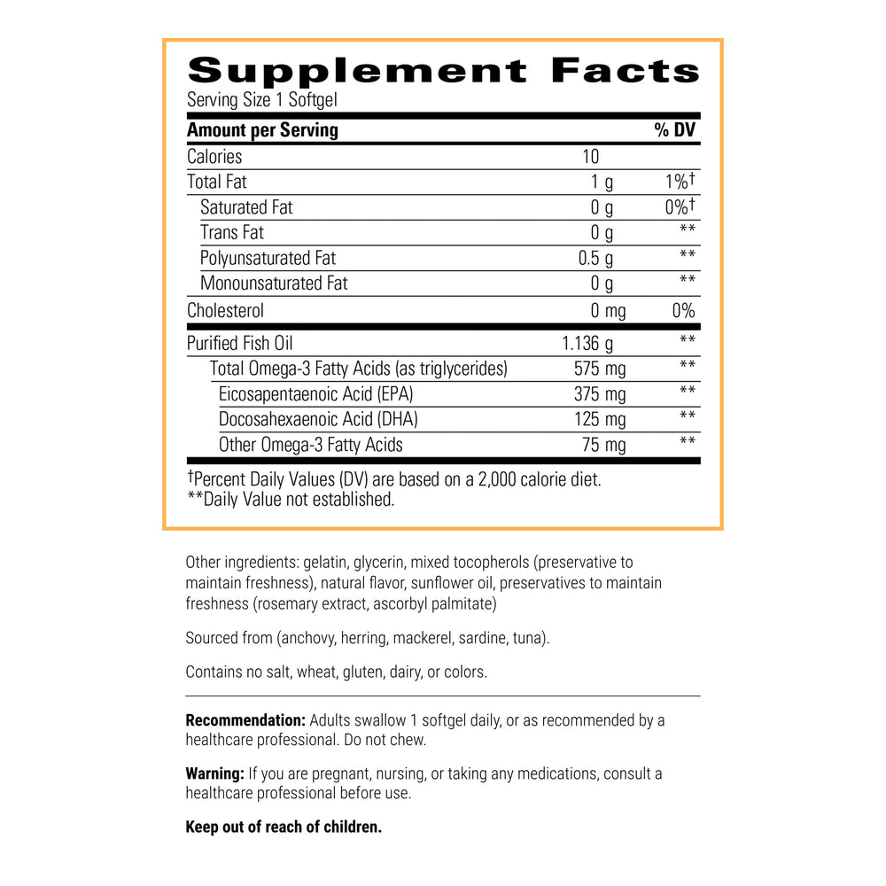 Label showing 375 mg EPA and 125 mg DHA per serving