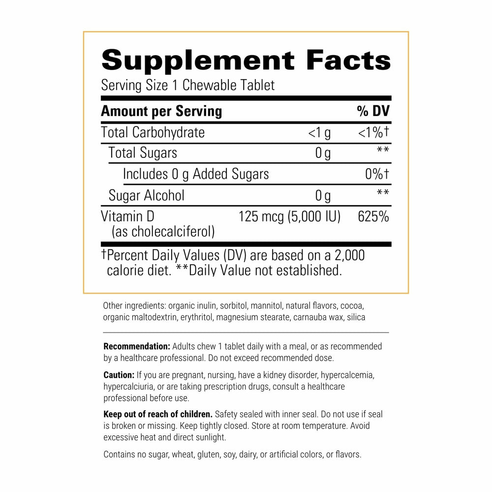 Chewable chocolate-flavored vitamin D3 125 mcg tablets serving display