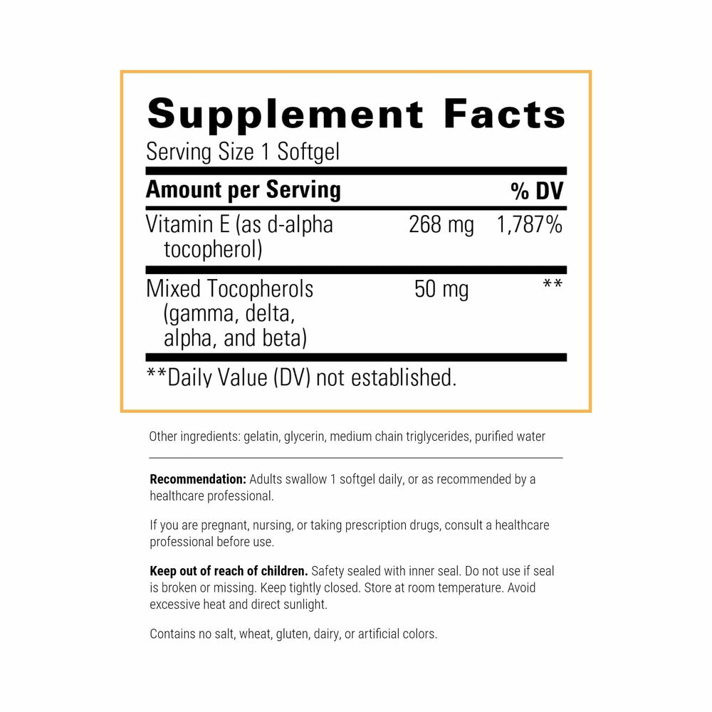 Close-up of Vitamin E 60 softgels bottle label