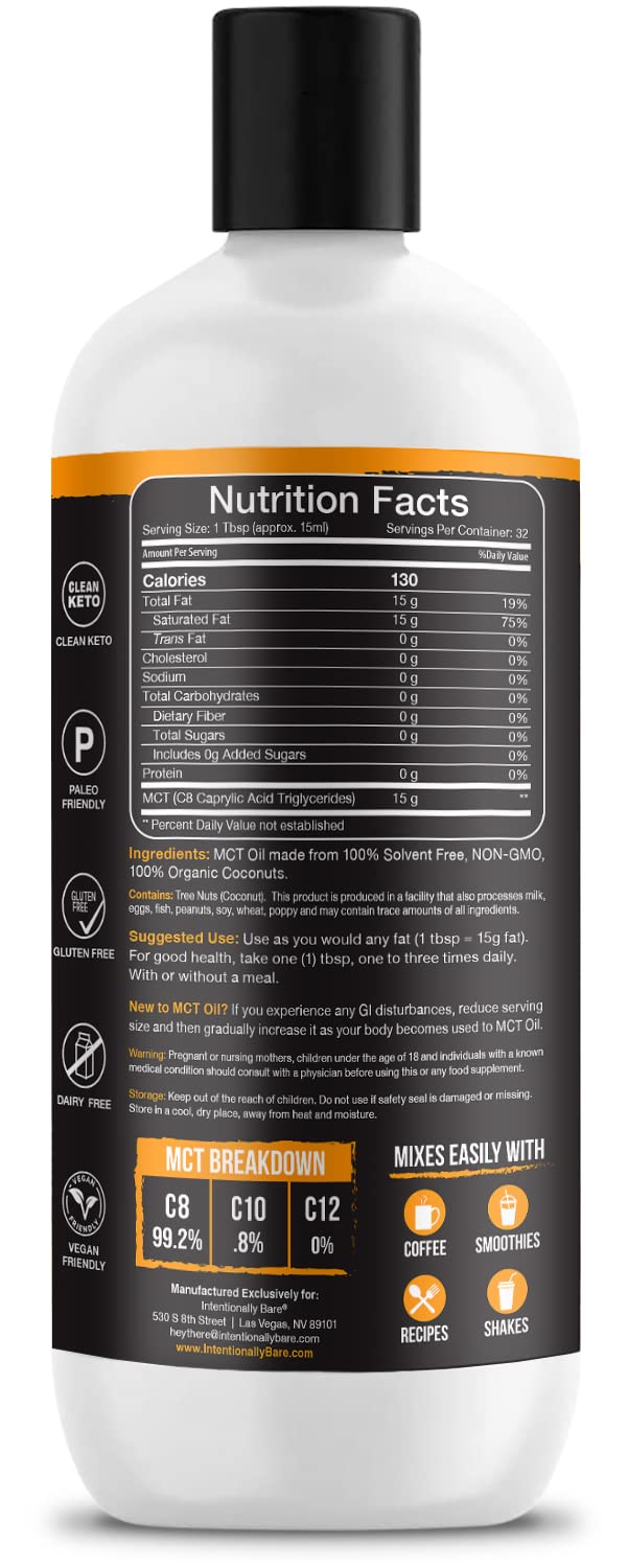 Side view of Intentionally Bare Pure C8 MCT Oil Organic 16oz bottle