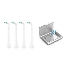 Front view of interdental replacement toothbrush heads alongside aluminum retainer case