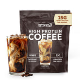 Invigor8 high-protein coffee canister with premium Colombian blend for anytime nutrition.