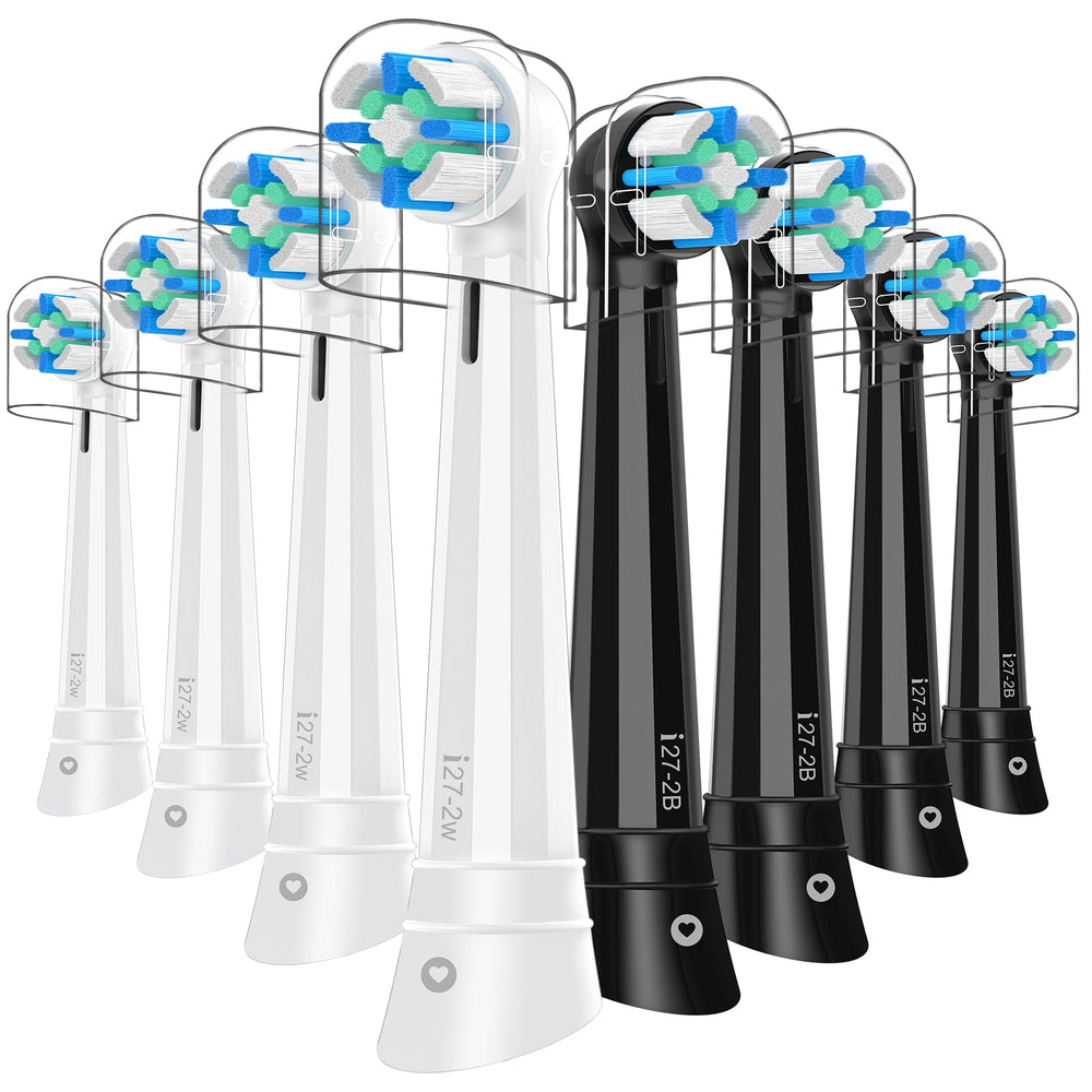 8-pack IO replacement heads for Oral-B iO in black and white, front view