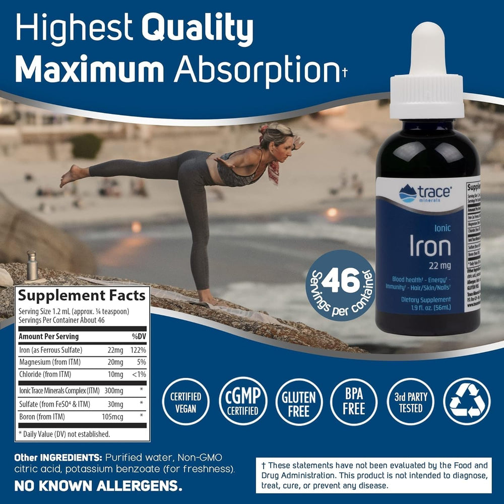 Liquid ionic iron supplement showing 22mg iron per serving