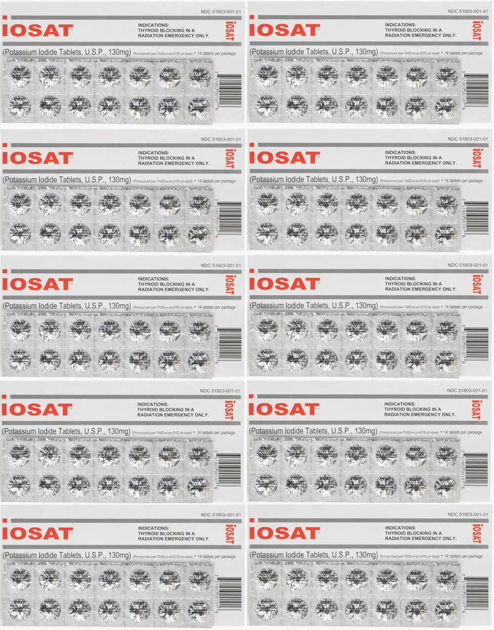 Box of iOSAT Potassium Iodide tablets 130 mg, 14 tablets per pack, 10 packs