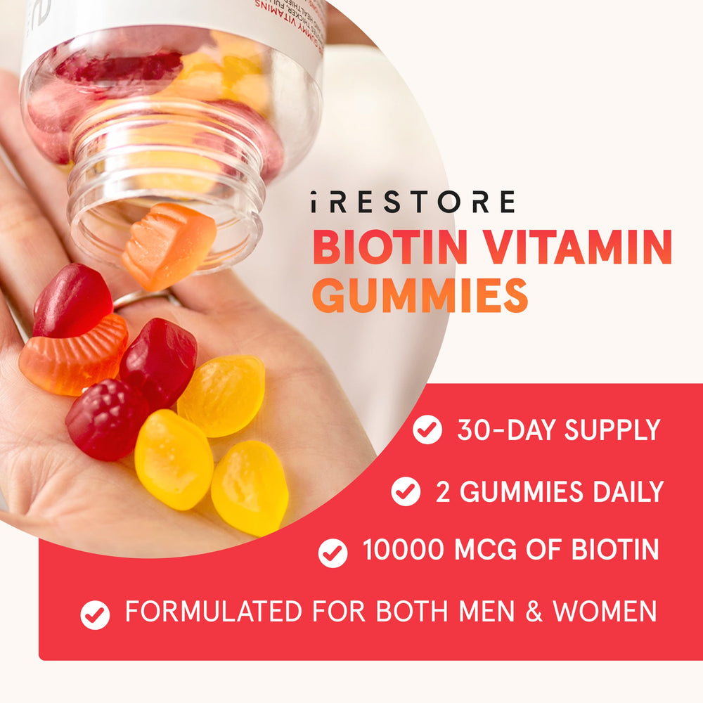 Close-up of vegan biotin gummies in orange, lemon, and cherry flavors.